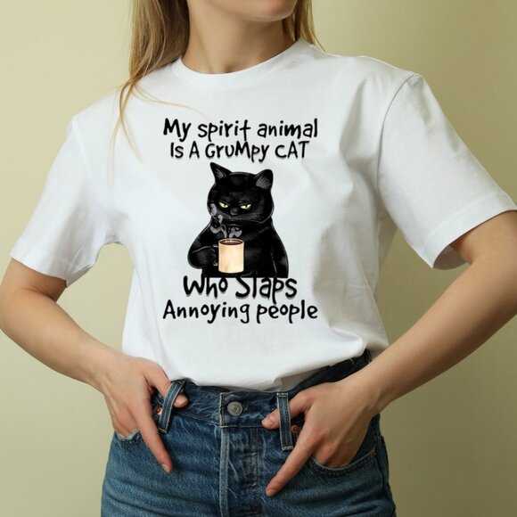 Tops - My Spirit Animal Is A Grumpy Shirt, Funny Cat Drink Coffee shirt